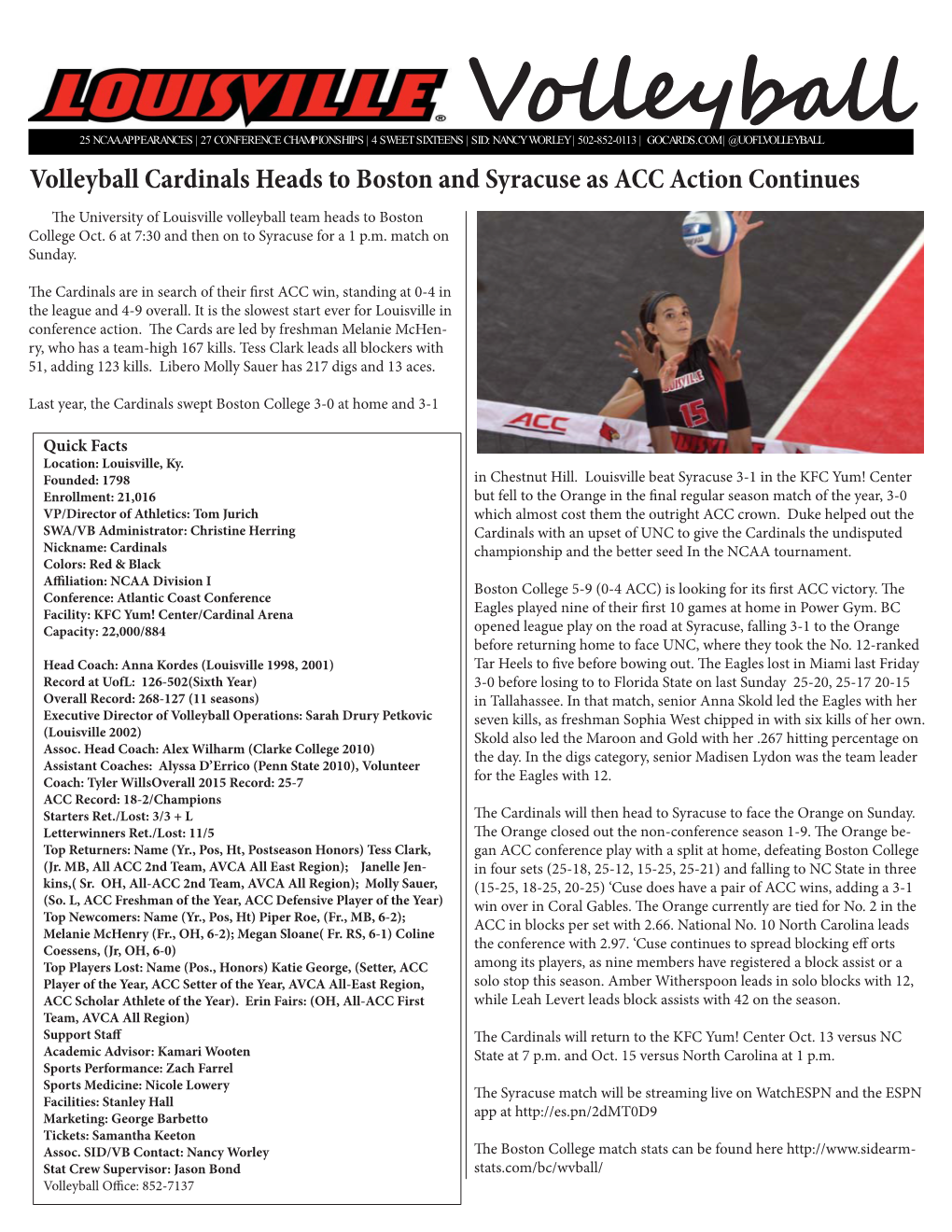 VOLLEYBALL L Volleyball Cardinals Heads to Boston and Syracuse As ACC Action Continues