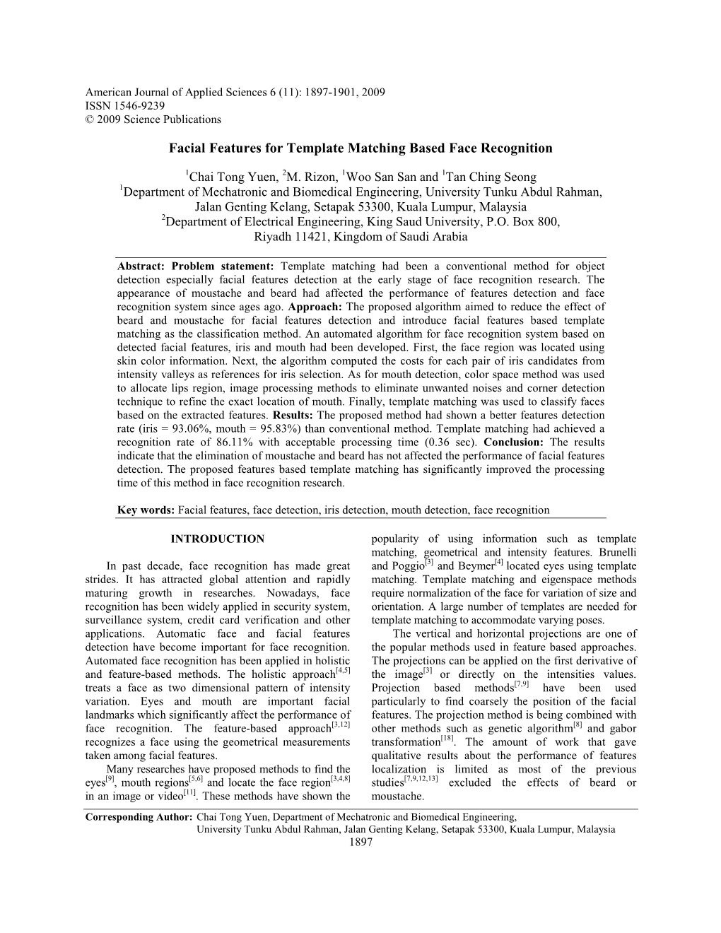 Facial Features for Template Matching Based Face Recognition