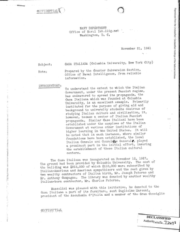 Subject: Note: INTRODUCTORY: NAVY DEPARTMENT Washington, D. C. November 21, 1941 CASA ITALIANA (Columbia University, New York Ci