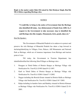 Reply to the Matter Under Rule-324 Raised by Shri Hoshyar Singh, Hon’Ble MLA Dehra Regarding Heritage Sites