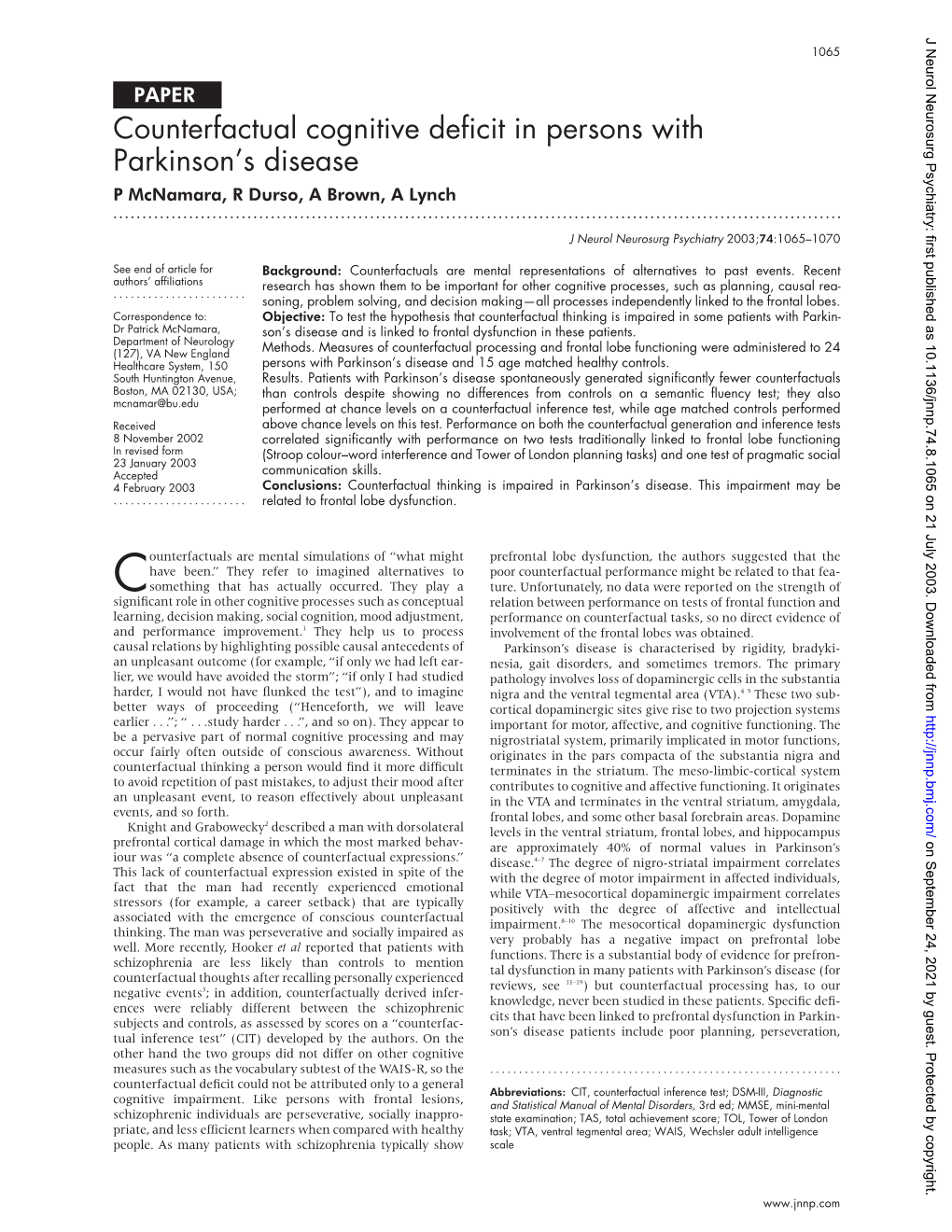 Counterfactual Cognitive Deficit in Persons with Parkinson's Disease