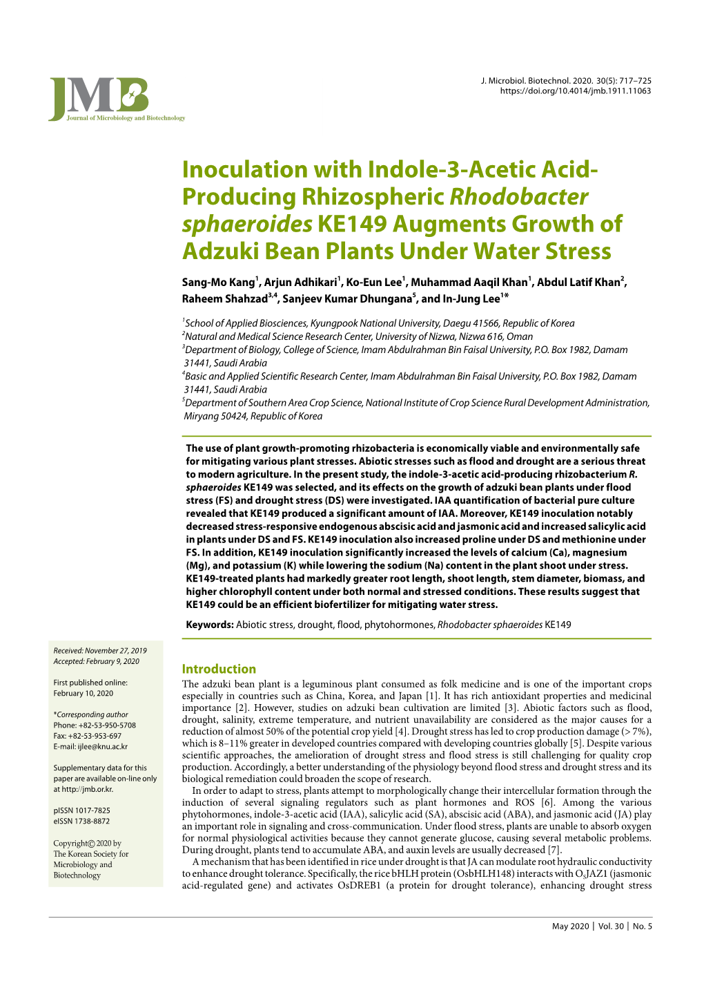 Producing Rhizospheric Rhodobacter Sphaeroides KE149 Augments Growth of Adzuki Bean Plants Under Water Stress