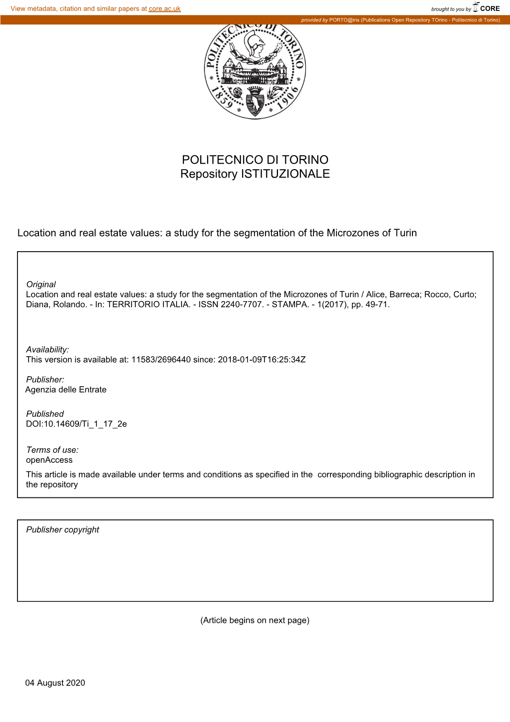 Location and Real Estate Values: a Study for the Segmentation of the Microzones of Turin