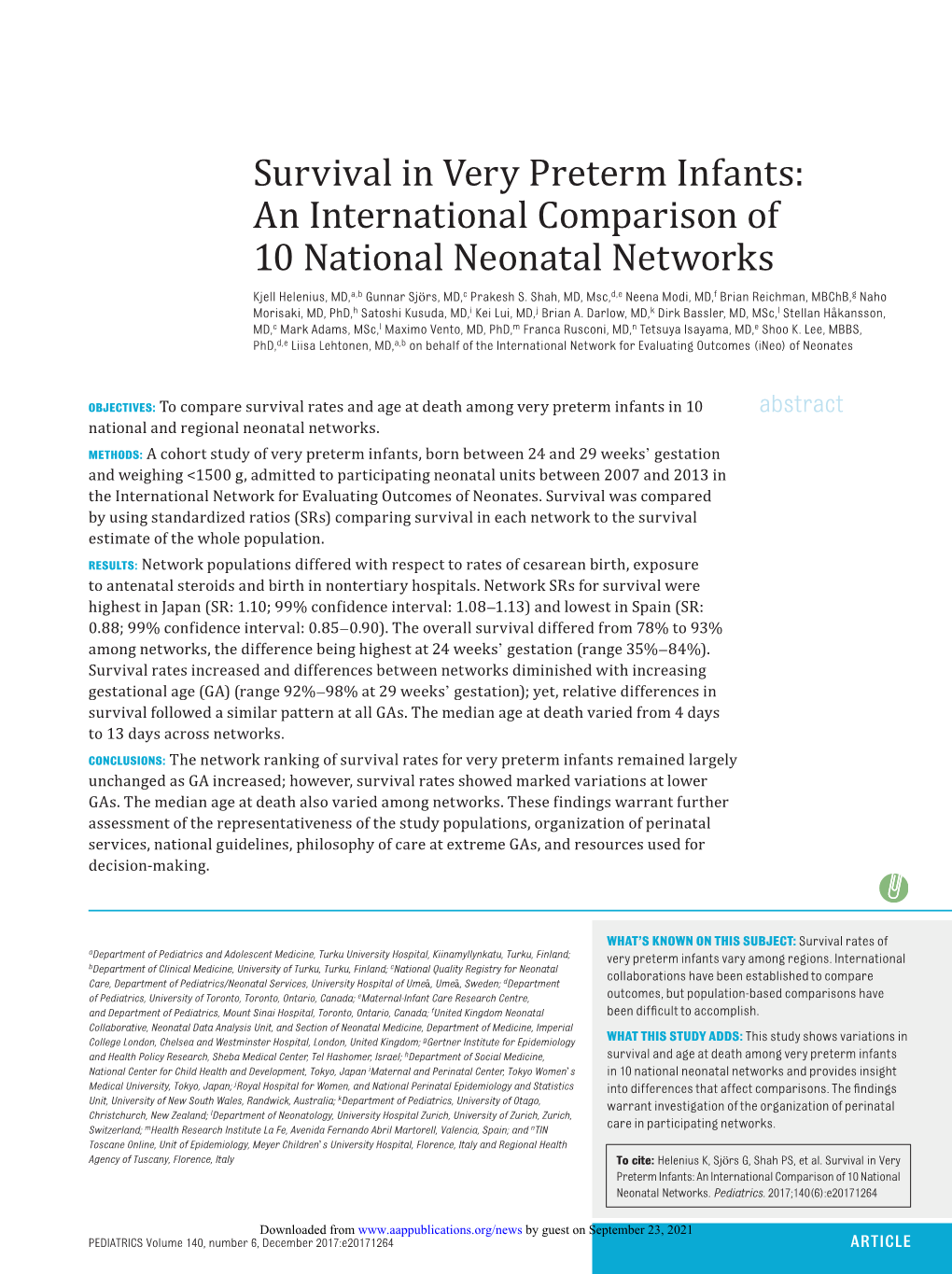Survival in Very Preterm Infants: an International Comparison of 10 National Neonatal Networks