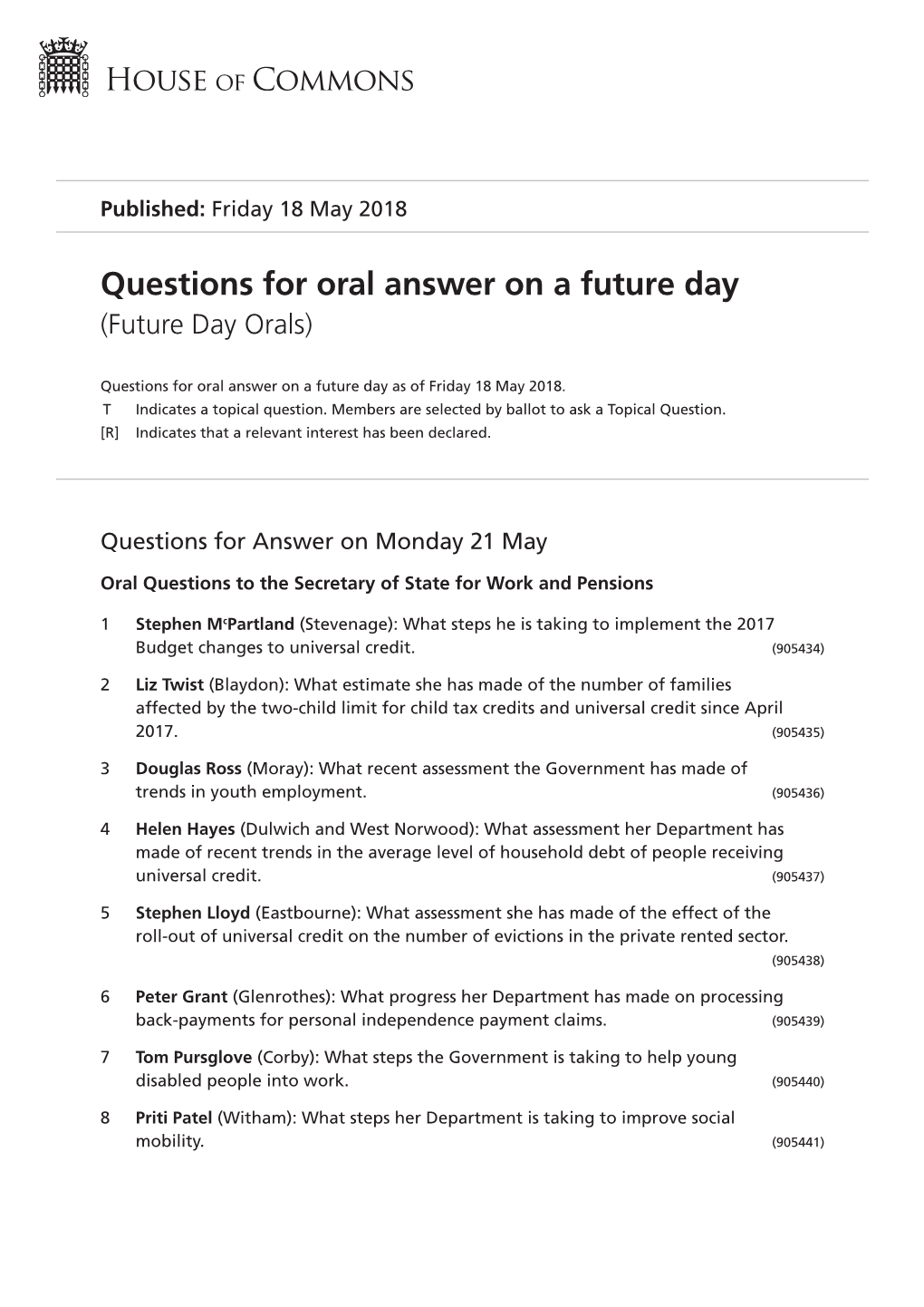 Future Oral Questions As of Fri 18 May 2018