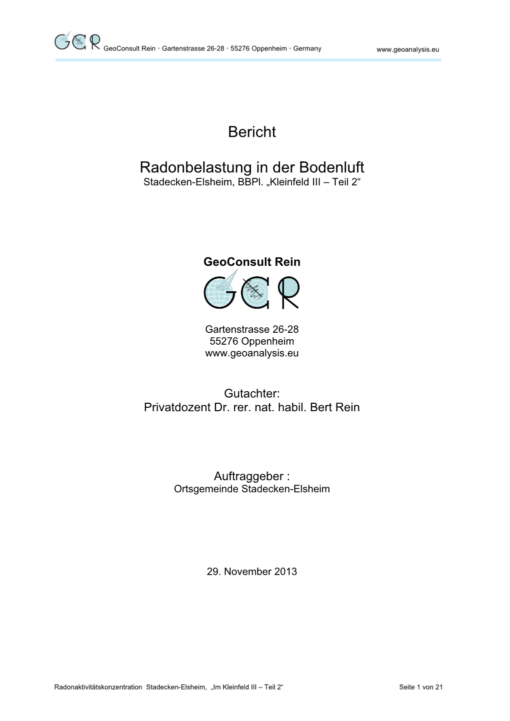 Bericht Radonbelastung in Der Bodenluft