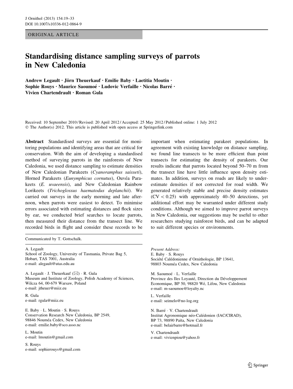 Standardising Distance Sampling Surveys of Parrots in New Caledonia