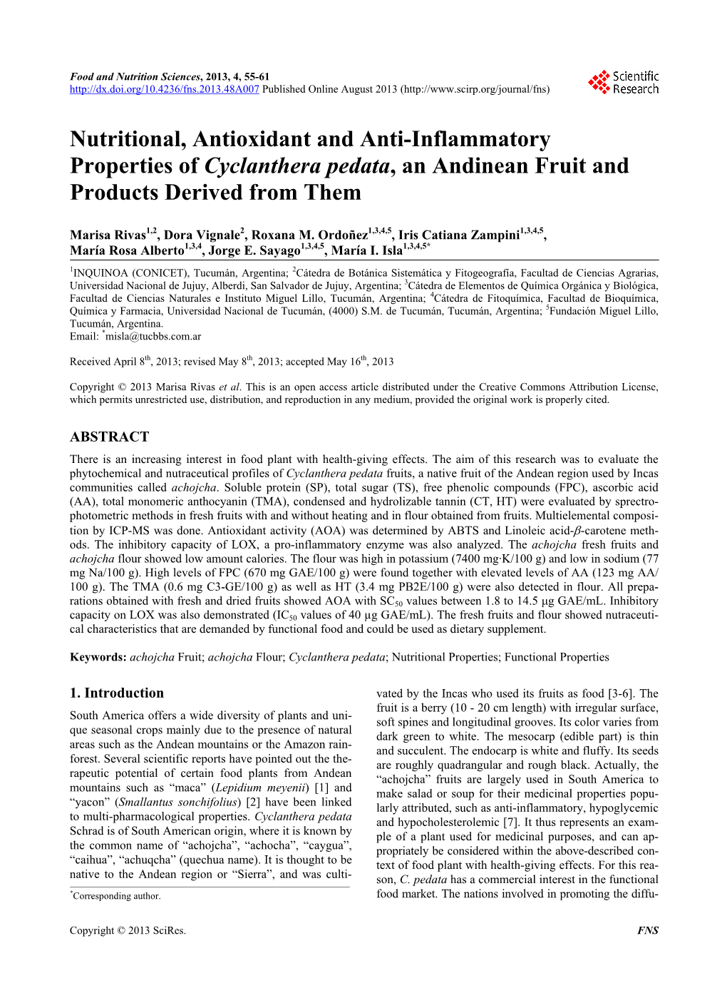 Nutritional, Antioxidant and Anti-Inflammatory Properties of Cyclanthera Pedata, an Andinean Fruit and Products Derived from Them