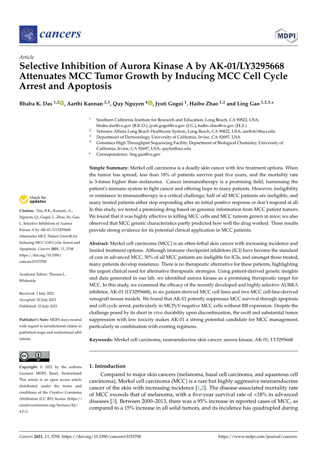 Selective Inhibition of Aurora Kinase a by AK-01/LY3295668 Attenuates MCC Tumor Growth by Inducing MCC Cell Cycle Arrest and Apoptosis