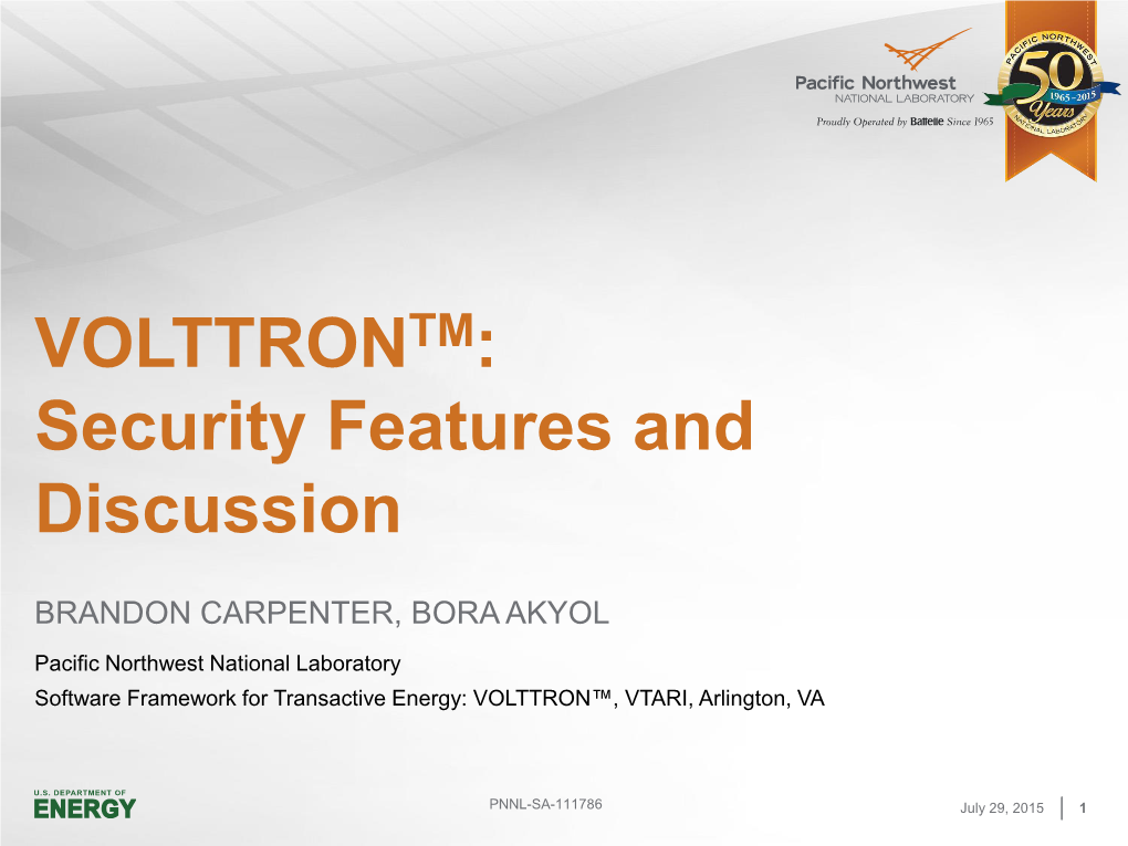 Volttron (TM) Security Features and Discussions