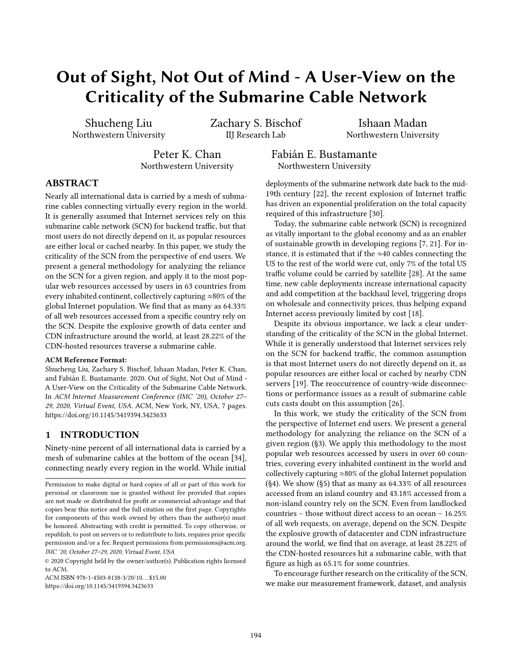Out of Sight, Not out of Mind - a User-View on the Criticality of the Submarine Cable Network Shucheng Liu Zachary S