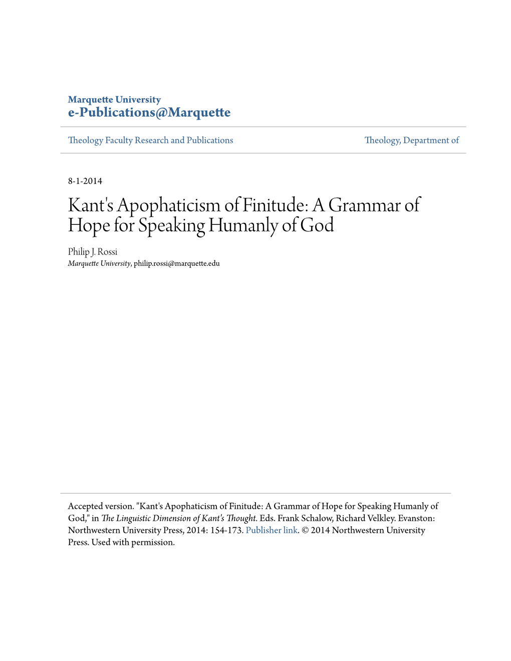 Kant's Apophaticism of Finitude: a Grammar of Hope for Speaking Humanly of God Philip J