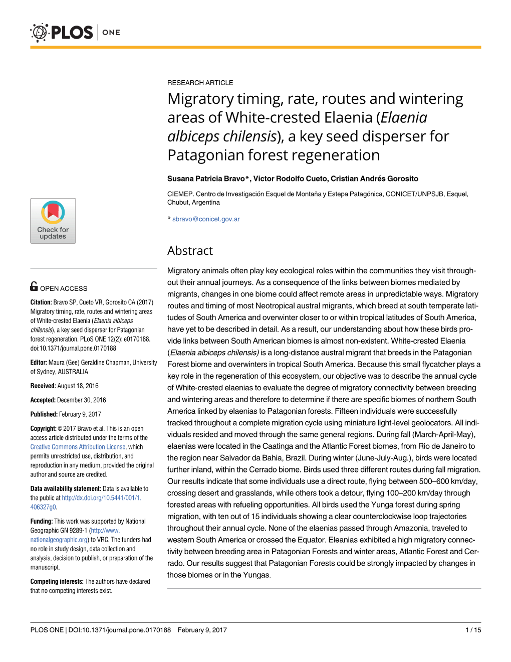 Migratory Timing, Rate, Routes and Wintering Areas of White-Crested Elaenia (Elaenia Albiceps Chilensis), a Key Seed Disperser for Patagonian Forest Regeneration