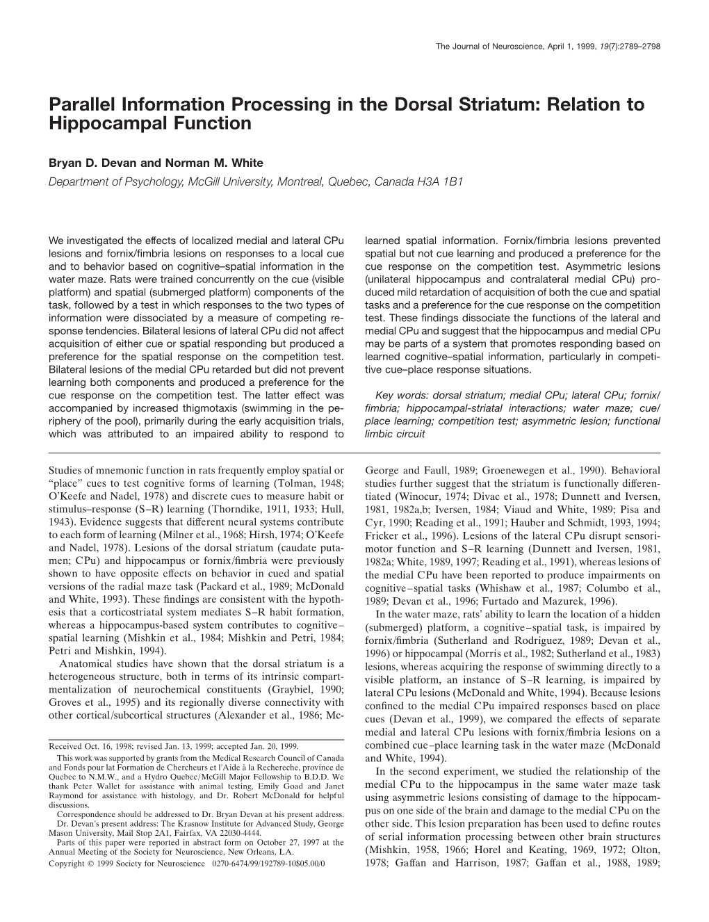 Parallel Information Processing in the Dorsal Striatum: Relation to Hippocampal Function