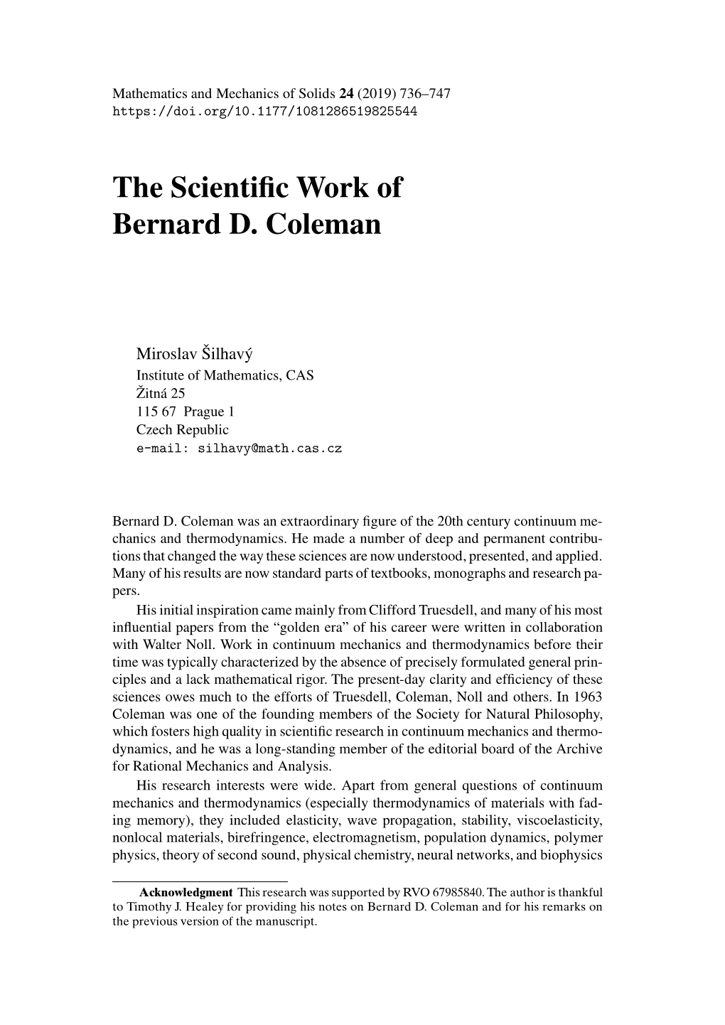 The Scientific Work of Bernard D. Coleman