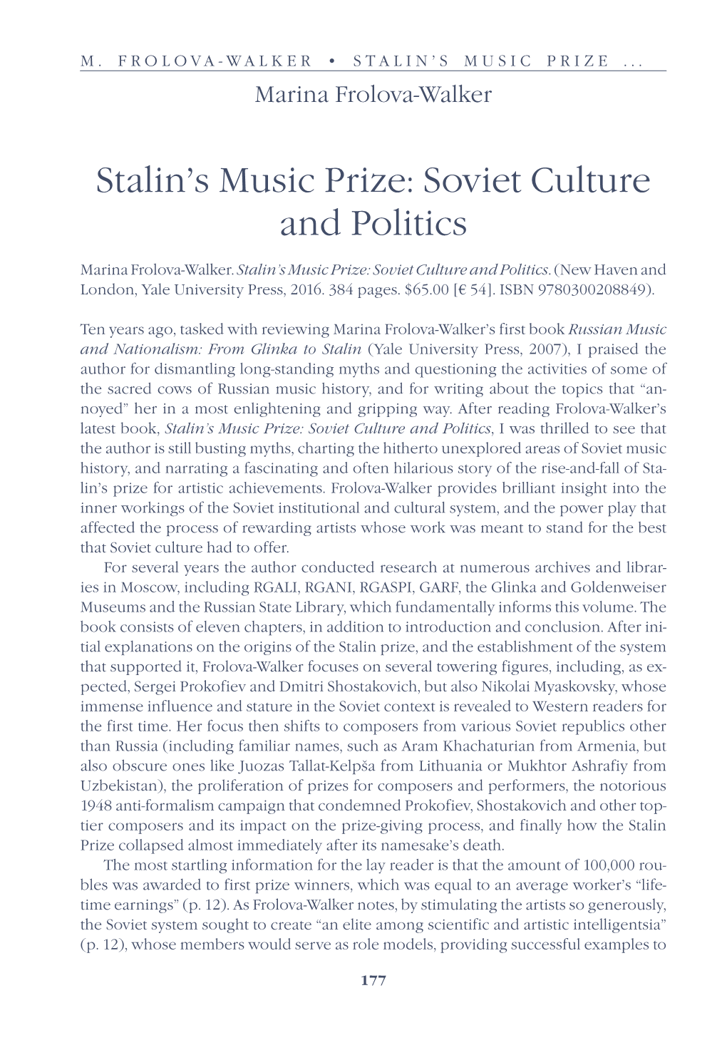 Stalin's Music Prize: Soviet Culture and Politics