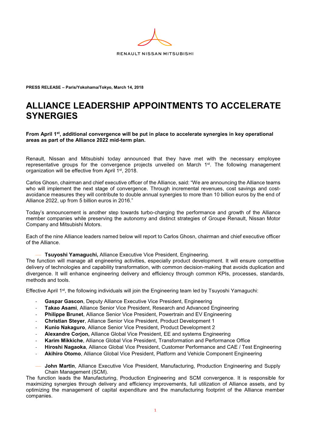 Alliance Leadership Appointments to Accelerate Synergies