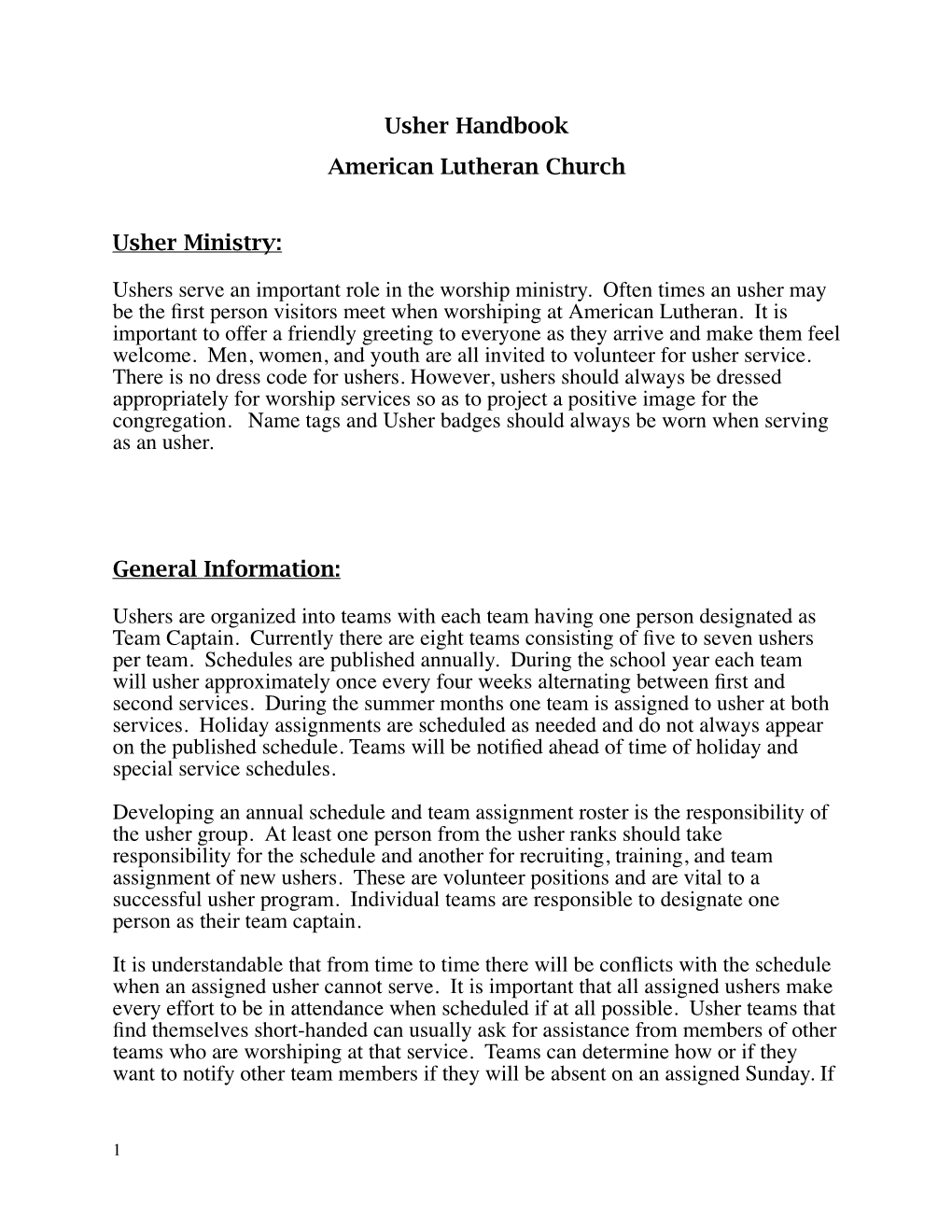Usher Handbook American Lutheran Church Usher Ministry