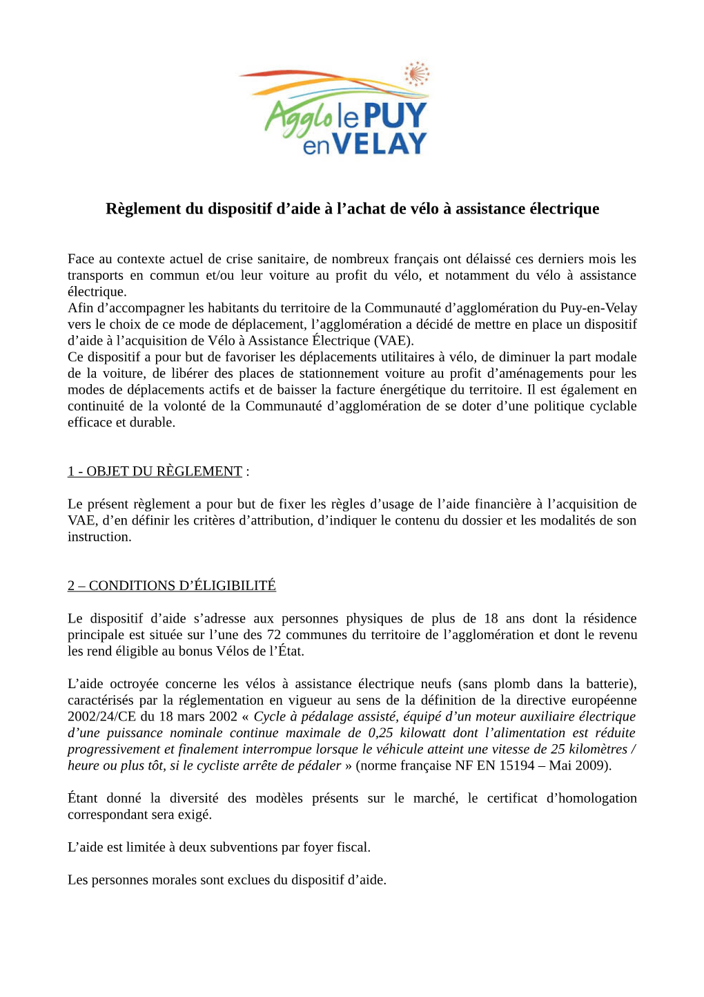 Règlement Du Dispositif D'aide À L'achat De Vélo À Assistance Électrique