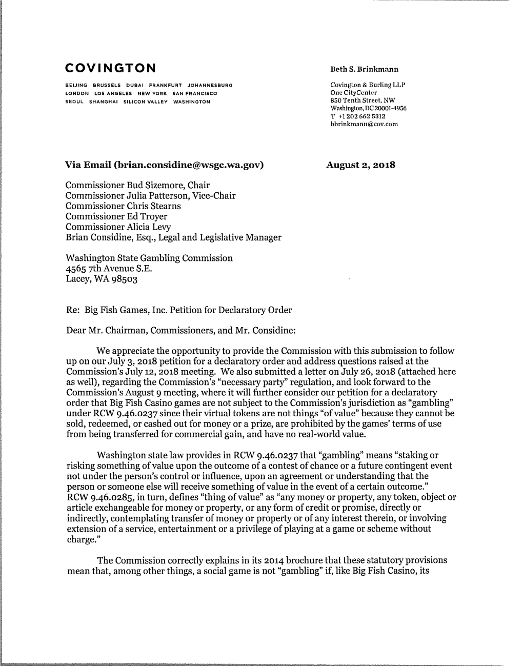 Letter from Attorney for Big Fish Games, Inc