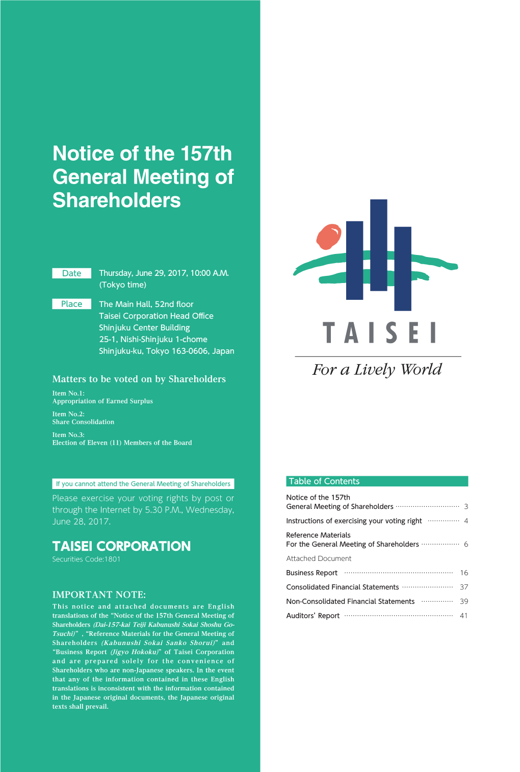 Notice of the 157Th General Meeting of Shareholders