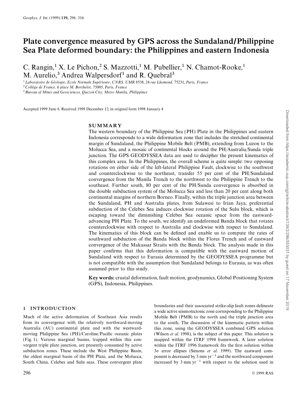 Plate Convergence Measured by GPS Across the Sundaland/Philippine Sea Plate Deformed Boundary: the Philippines and Eastern Indonesia