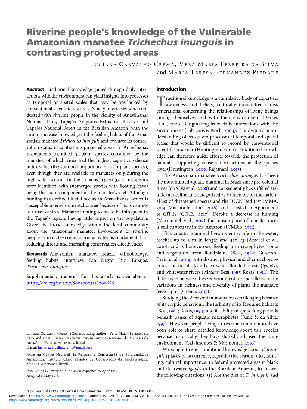 Riverine People's Knowledge of the Vulnerable Amazonian Manatee Trichechus Inunguis in Contrasting Protected Areas