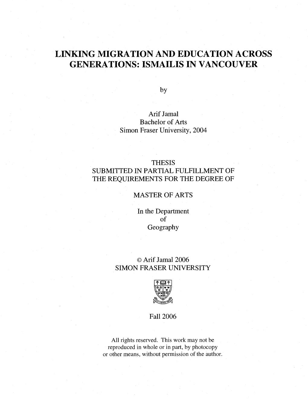 Linking Migration and Education Across Generations: Ismailis in Vancouver