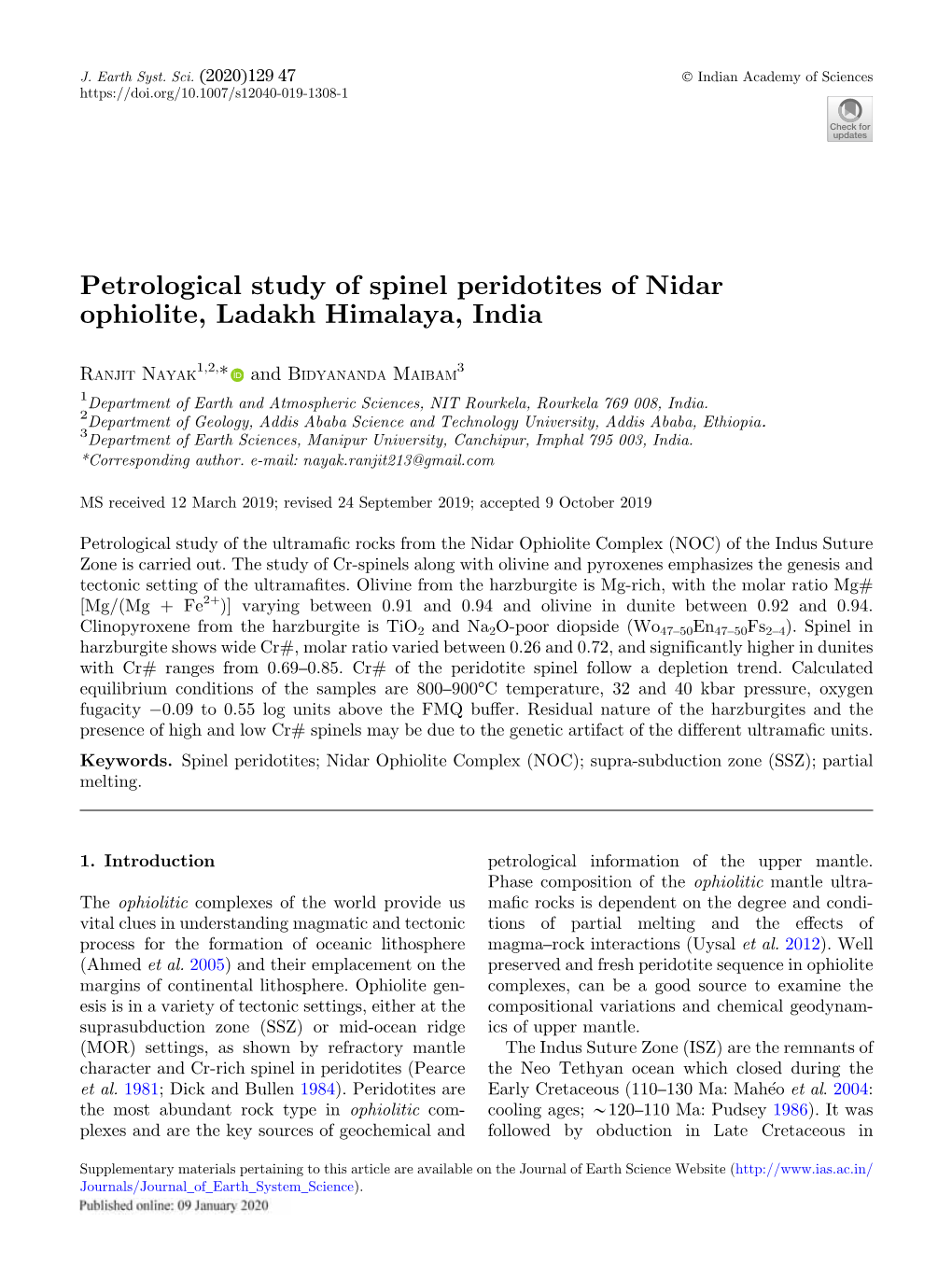 Petrological Study of Spinel Peridotites of Nidar Ophiolite, Ladakh Himalaya, India