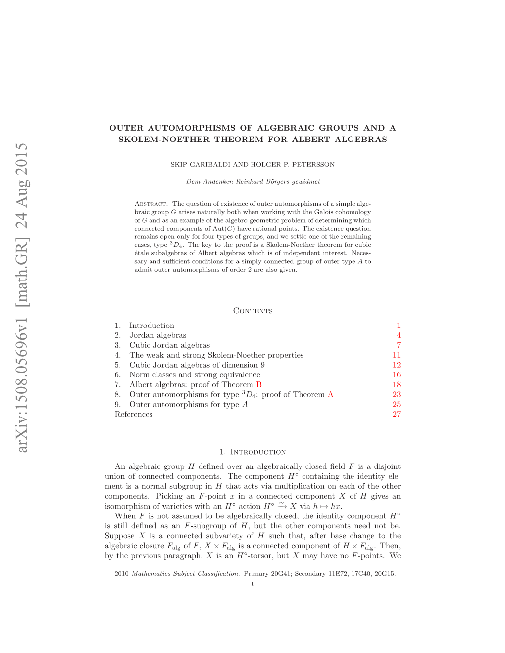 Outer Automorphisms of Algebraic Groups and a Skolem-Noether