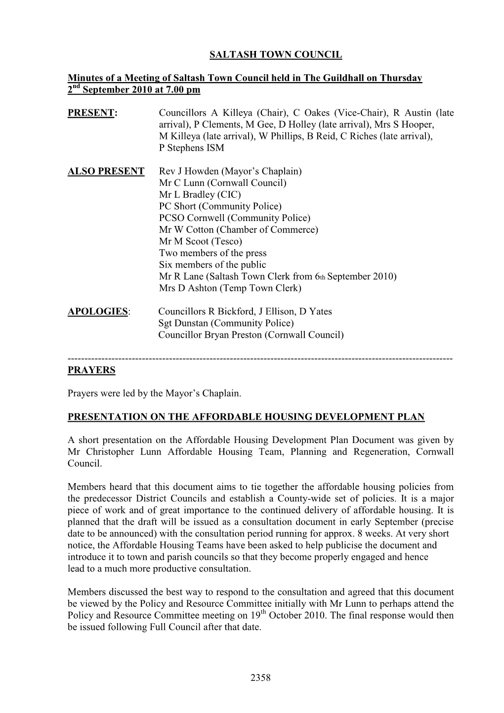 Minutes of a Meeting of Saltash Town Council Held in the Guildhall on Thursday 2Nd September 2010 at 7.00 Pm