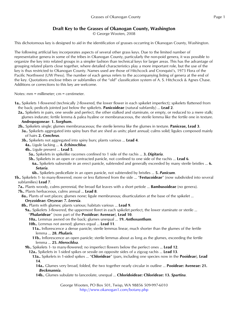 Draft Key to the Grasses of Okanogan County, Washington © George Wooten, 2008