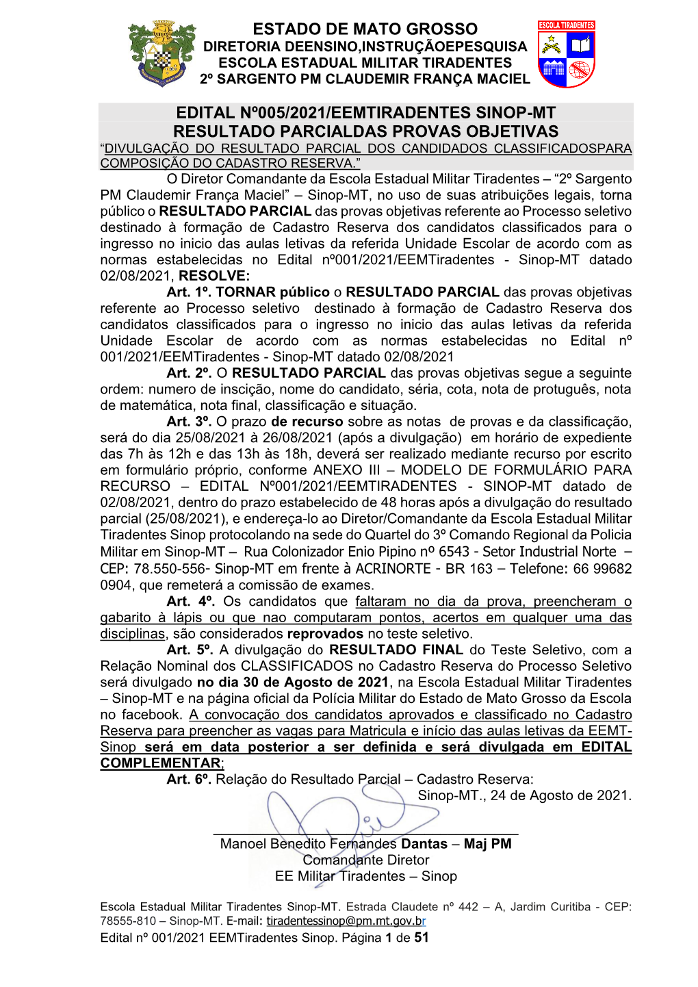 Estado De Mato Grosso Edital Nº005/2021/Eemtiradentes