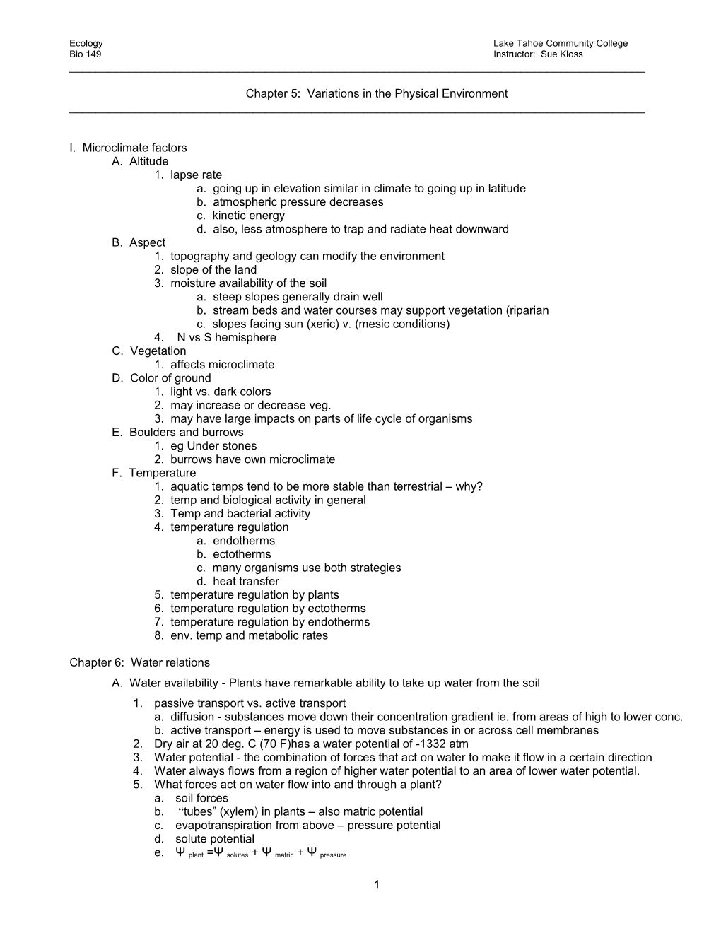 Ch. 5 and 6 Outline