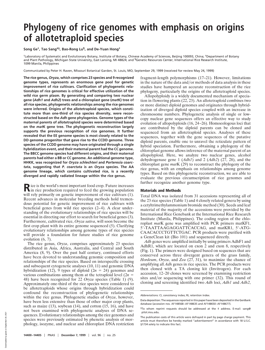 Phylogeny of Rice Genomes with Emphasis on Origins of Allotetraploid Species