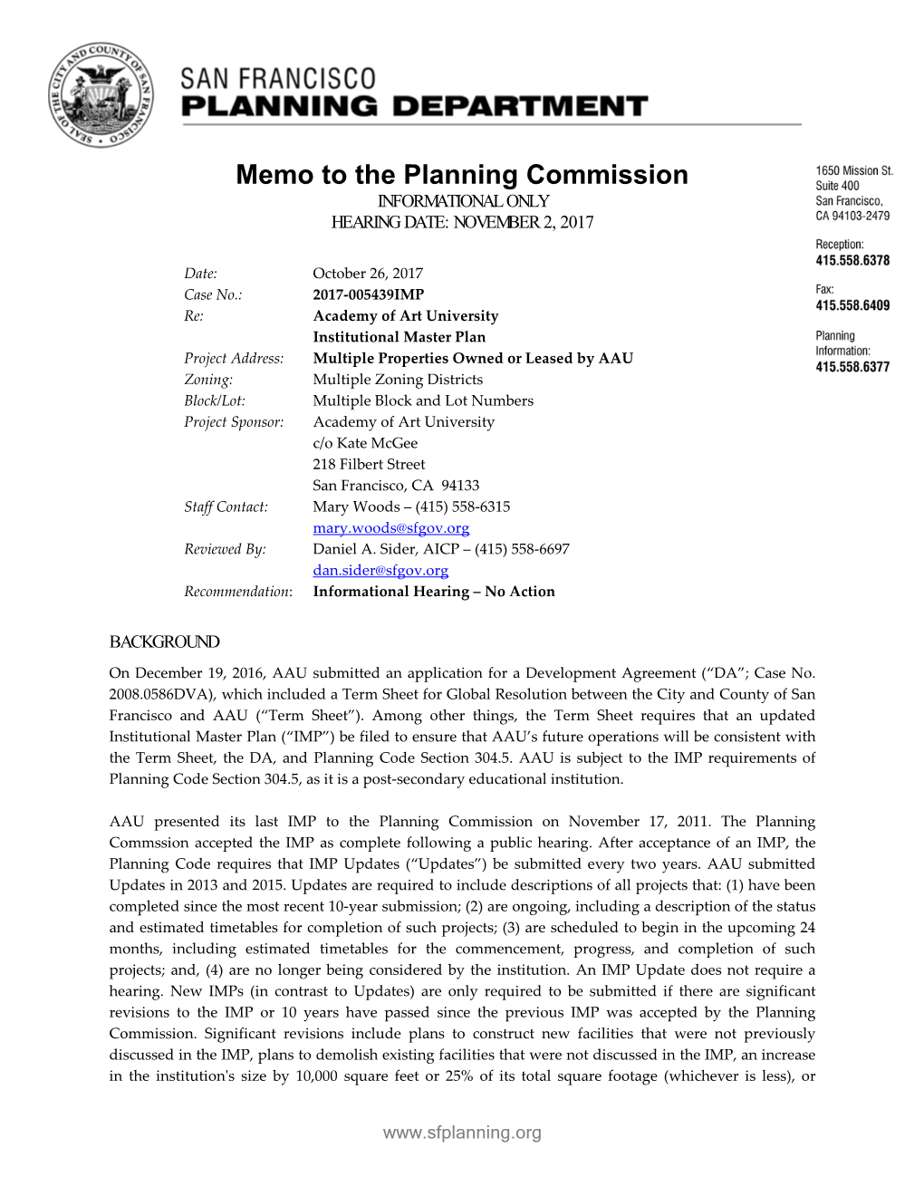 2017-005439IMP Re: Academy of Art University Institutional Master Plan Project Address: Multiple Properties Owned Or Leased by AAU