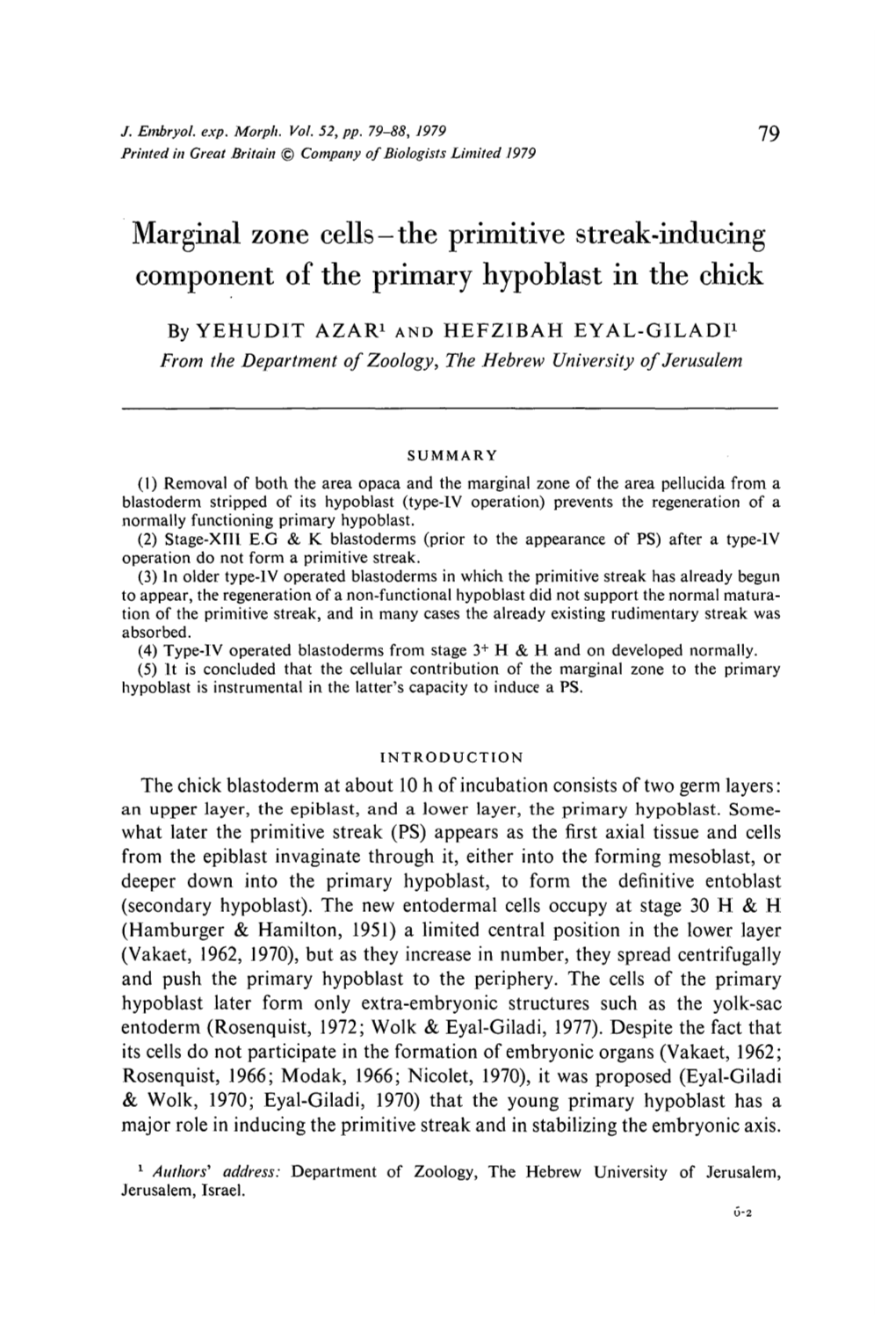 Marginal Zone Cells-The Primitive Streak-Inducing Component of the Primary Hypoblast in the Chick