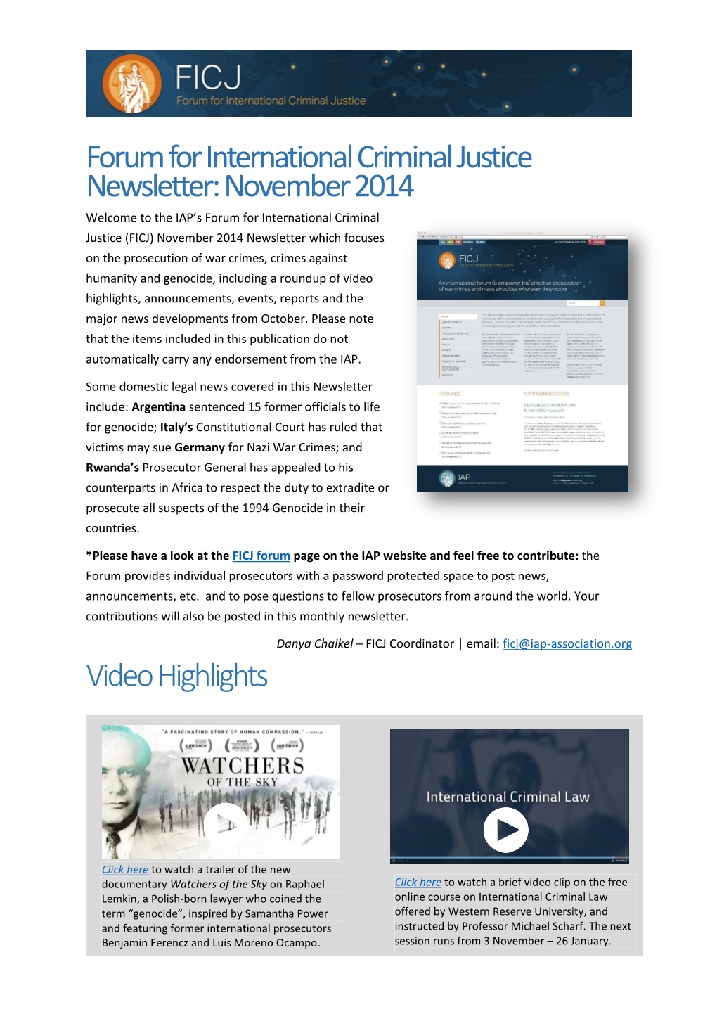 Forum for International Criminal Justice Newsletter: November 2014