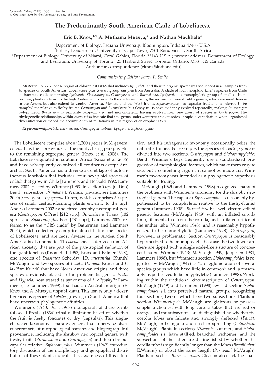 The Predominantly South American Clade of Lobeliaceae