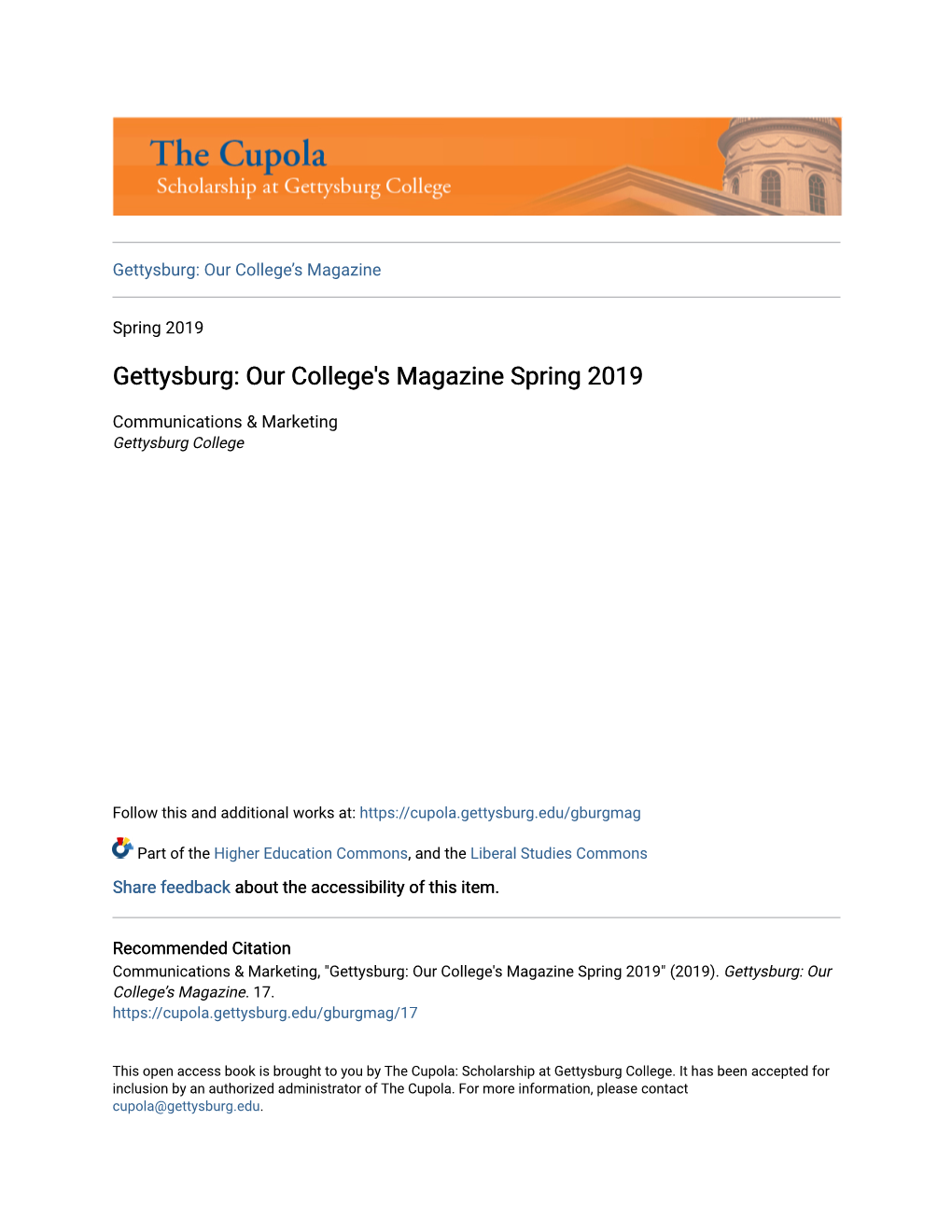 Gettysburg: Our College's Magazine Spring 2019