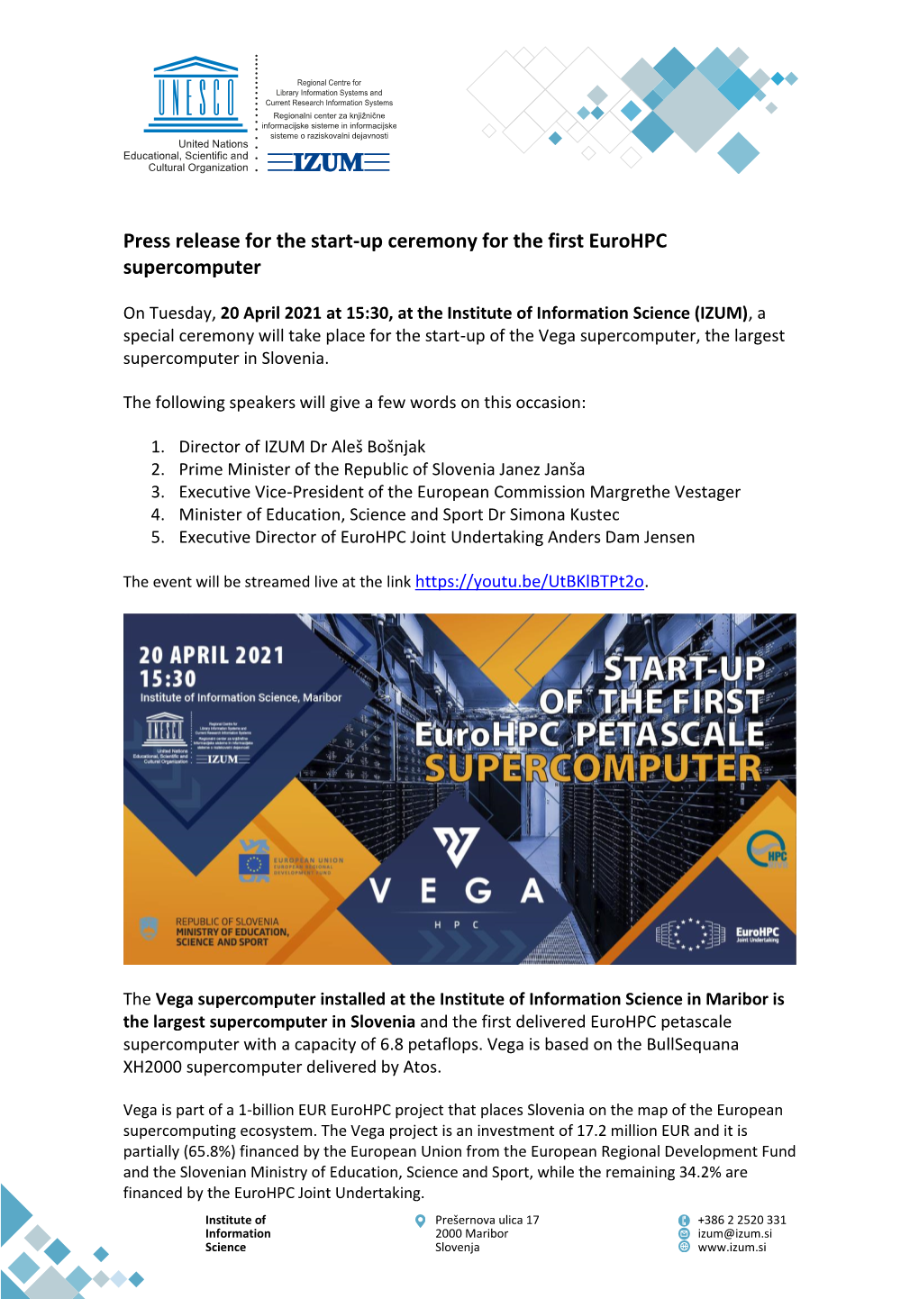 Press Release for the Start-Up Ceremony for the First Eurohpc Supercomputer