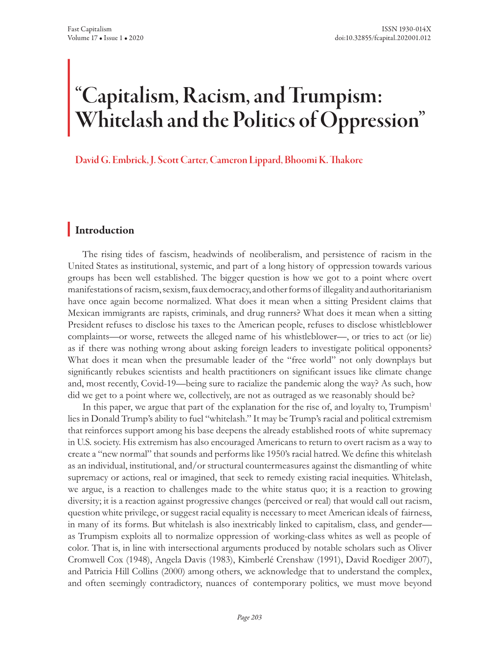 “Capitalism, Racism, and Trumpism: Whitelash and the Politics of Oppression”