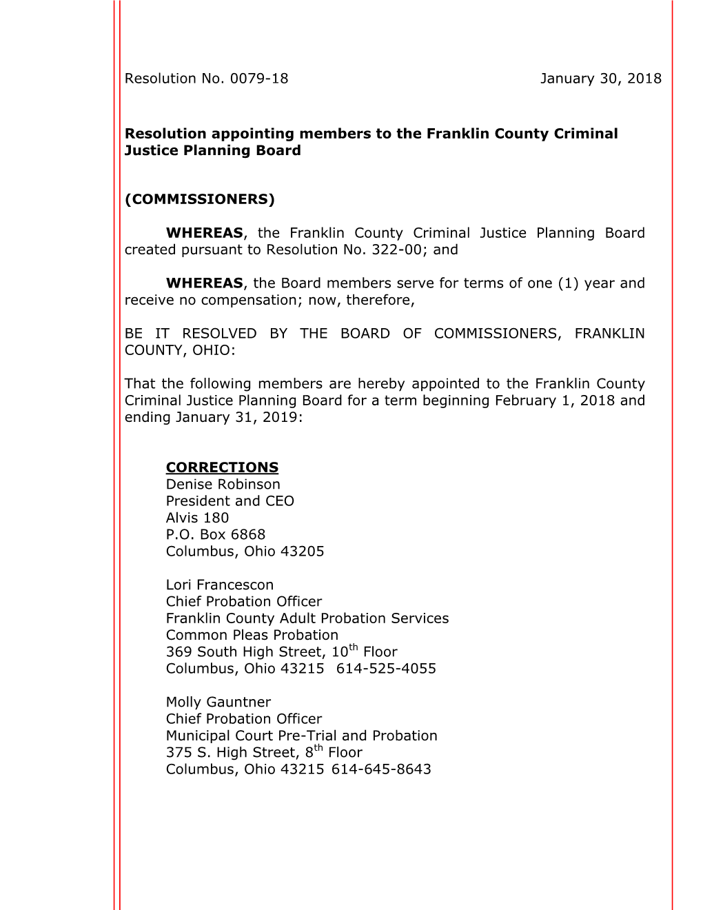 Resolution Appointing Members to the Franklin County Criminal Justice Planning Board