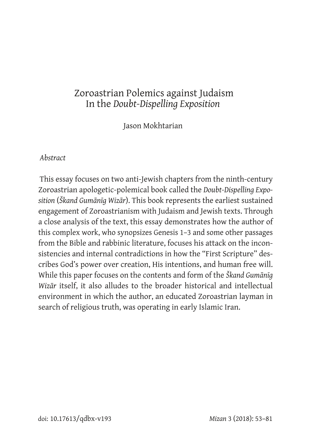 Zoroastrian Polemics Against Judaism in the Doubt-Dispelling Exposition