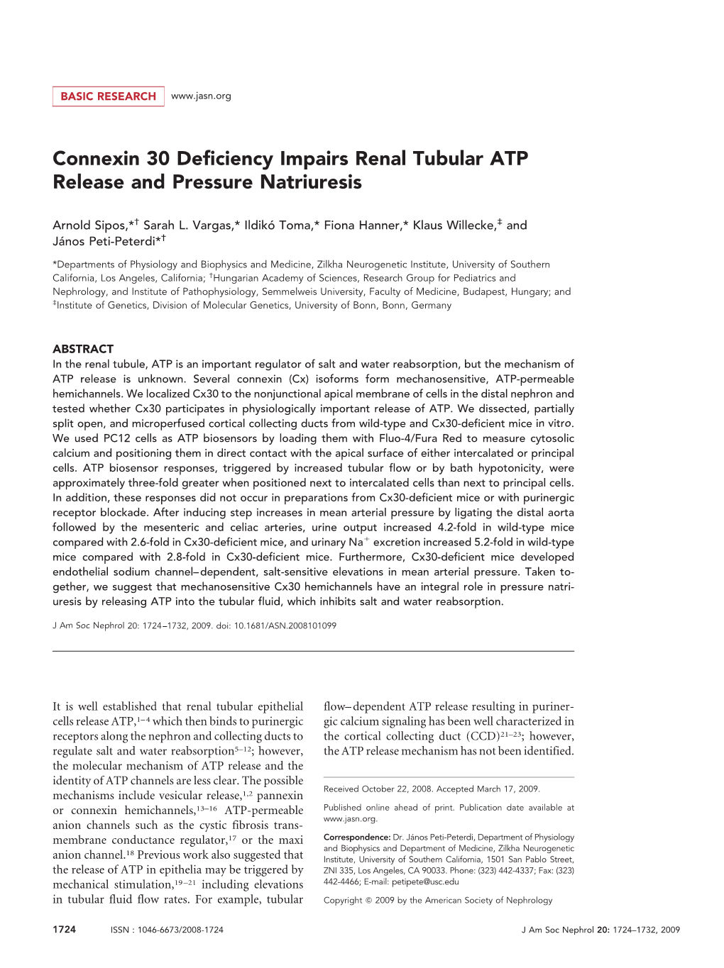 Connexin 30 Deficiency Impairs Renal Tubular ATP Release and Pressure Natriuresis