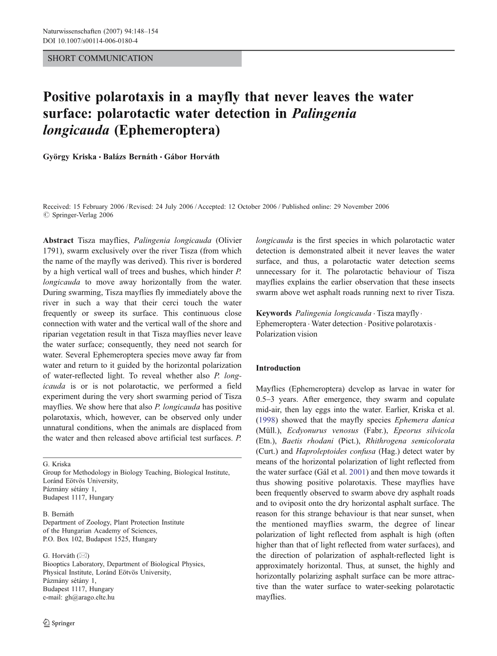 Polarotactic Water Detection in Palingenia Longicauda (Ephemeroptera)