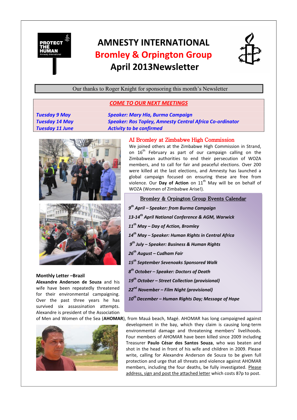 AMNESTY INTERNATIONAL Bromley & Orpington Group April