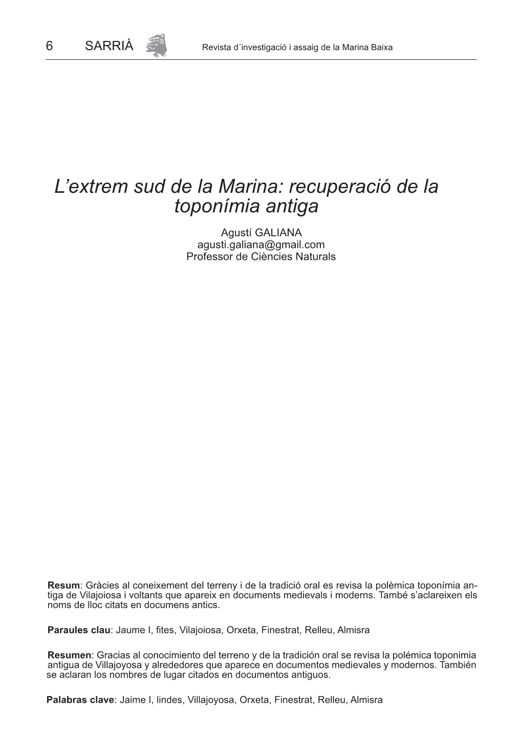 L'extrem Sud De La Marina: Recuperació De La Toponímia Antiga