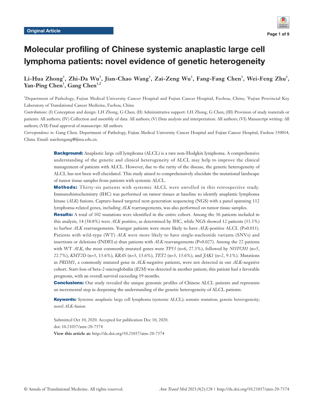Molecular Profiling of Chinese Systemic Anaplastic Large Cell Lymphoma Patients: Novel Evidence of Genetic Heterogeneity