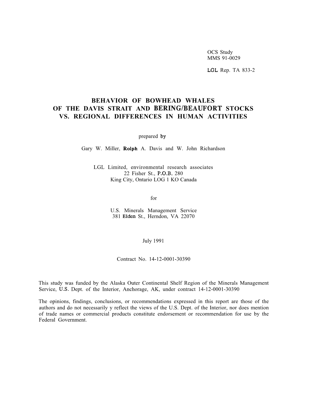 Behavior of Bowhead Whales of the Davis Strait and Bering/Beaufort Stocks Vs